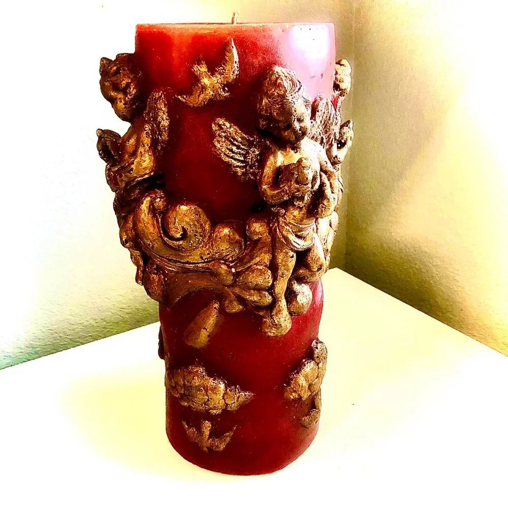 MAC Sculpture California XLG Sculpted Cherub Angel Pillar Candle Burg Gold 15x9